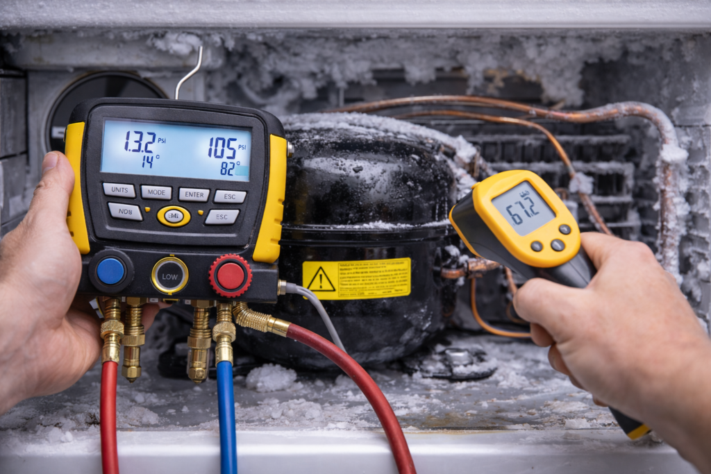 freezer fan operating with ice buildup on the rear panel restricting airflow