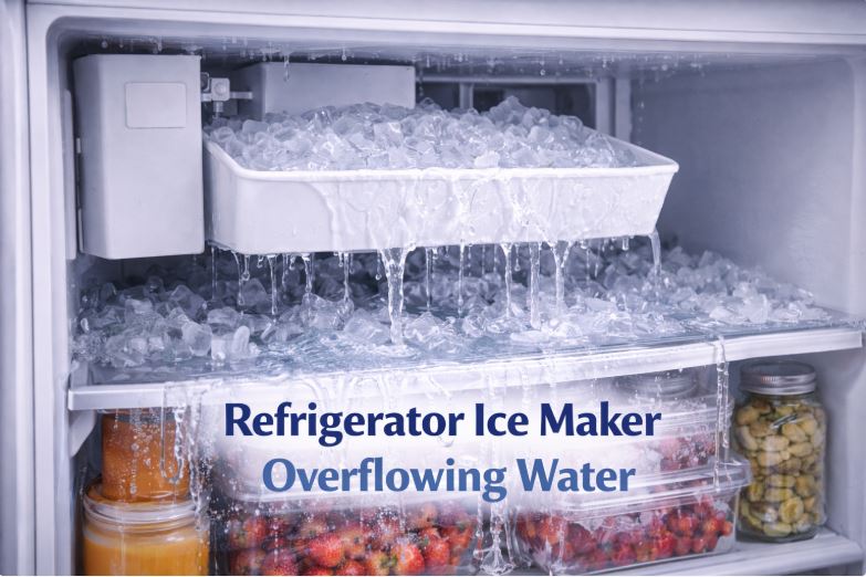 refrigerator ice maker tray overflowing with water. A common DIY troubleshooting issue