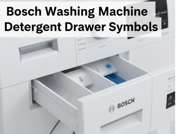 A close-up shot of an open Bosch washing machine detergent drawer showing three compartments with Roman numeral and flower symbols.