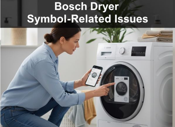 A woman crouching in a laundry room, using a smartphone and a printed manual to troubleshoot a Bosch dryer.