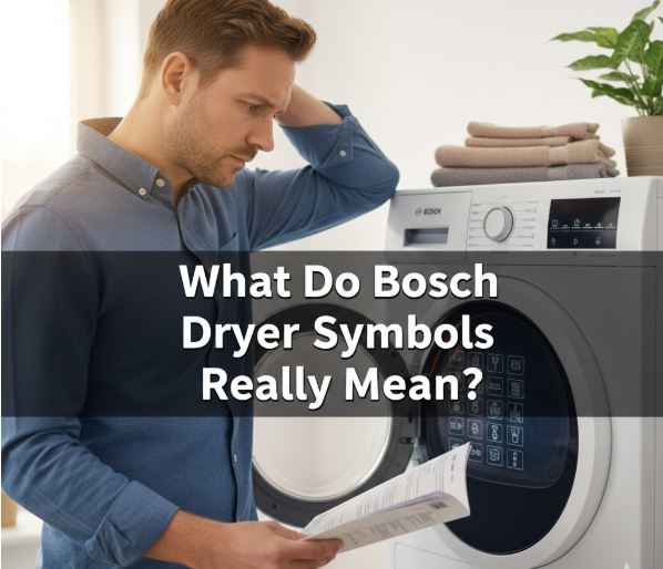 A man scratching his head in confusion while holding a user manual and looking at the complex display symbols on a Bosch dryer. Centered text overlay reads "What Do Bosch Dryer Symbols Really Mean?"