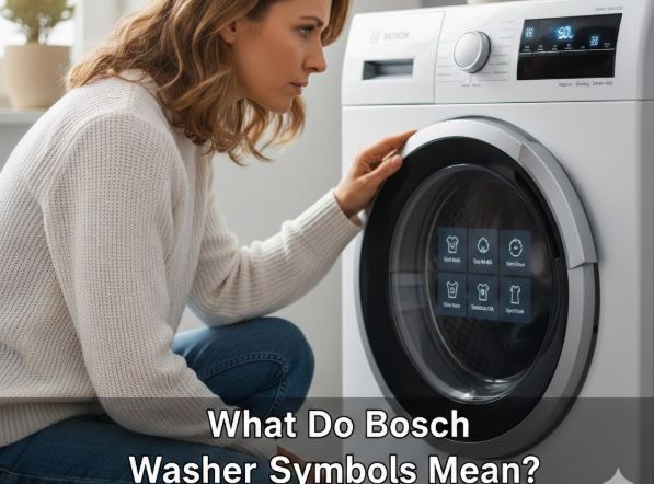 A woman in a brightly lit laundry room crouching beside a white Bosch washing machine, looking curiously at the control panel symbols.
