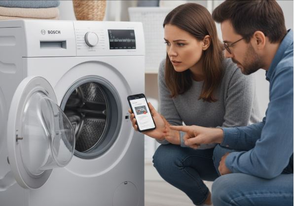 A concerned man and woman crouching in front of an open white Bosch washing machine. The woman holds a smartphone showing a support page, and a manual lies open on the floor.
