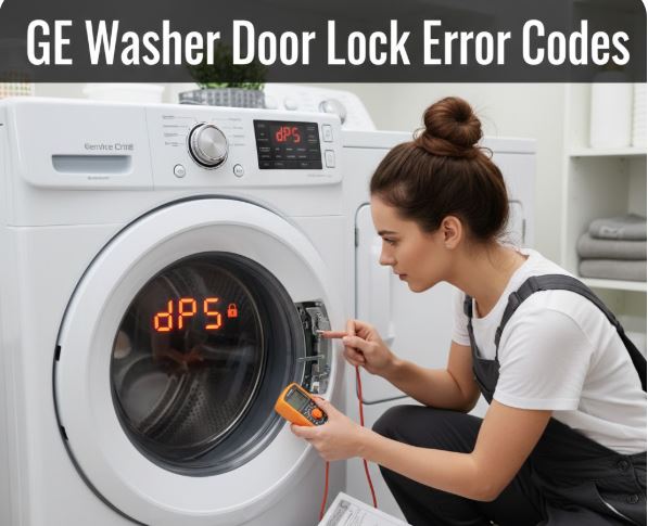 A female technician in gray overalls inspecting a GE washing machine door latch with a multimeter. The digital display shows error code "dPS" with a lock icon.