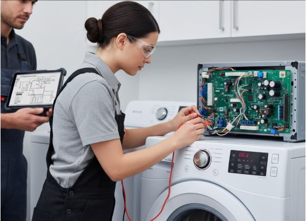 A female technician in workwear using a multimeter to test a green circuit board on top of a GE washing machine. A colleague stands nearby holding a tablet with a wiring diagram.