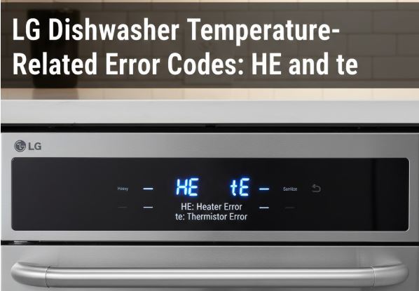 LG dishwasher control panel with LG logo showing illuminated HE heater error and tE thermistor error codes on the digital display with a text overlay: LG Dishwasher Temperature-Related Error Codes: HE and tE.