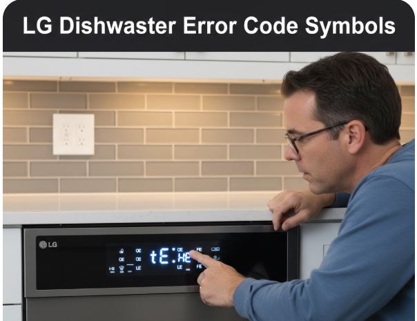 A man wearing glasses examining an LG dishwasher control panel with illuminated error code symbols like tE, HE, LE, and FE.