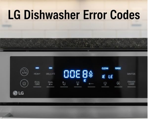 LG dishwasher control panel with LG logo showing illuminated error codes OE, IE, and LE on a digital display with text overlay reading LG Dishwasher Error Codes.