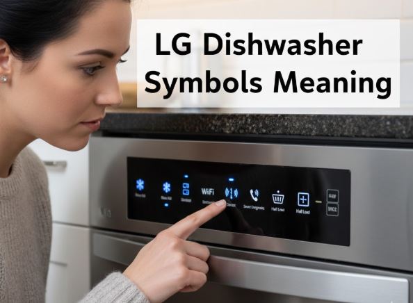 A woman looking closely at an LG dishwasher control panel and touching the Smart Diagnosis icon, with a text overlay reading "LG Dishwasher Symbols Meaning."