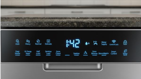 Samsung dishwasher digital display showing various status indicators, including a padlock for Child Lock, a Wi-Fi symbol, and a rinse aid refill icon on a sleek black touch panel.