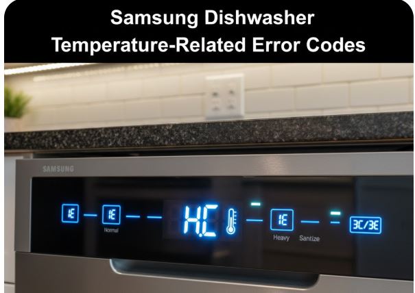 Samsung dishwasher digital display showing temperature-related error codes HC, 1E, and 3C with a thermometer icon on a stainless steel control panel.