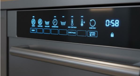 Whirlpool dishwasher display panel symbols featuring a blue LED digital timer, Control Lock icon, High Temp Wash, and Rinse Only settings on a sleek grey appliance.