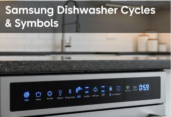 Samsung dishwasher interface featuring glowing blue symbols for Sanitize, Half Load, and StormWash+ next to a Wi-Fi connectivity icon and digital time display.