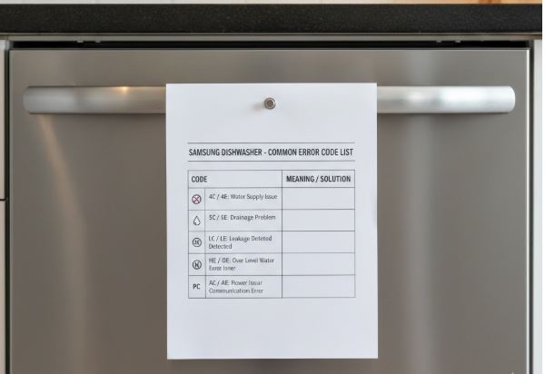 A printable Samsung dishwasher error code list magnetised to a stainless steel dishwasher door, showing codes like 4C, 5C, and LC with their meanings.