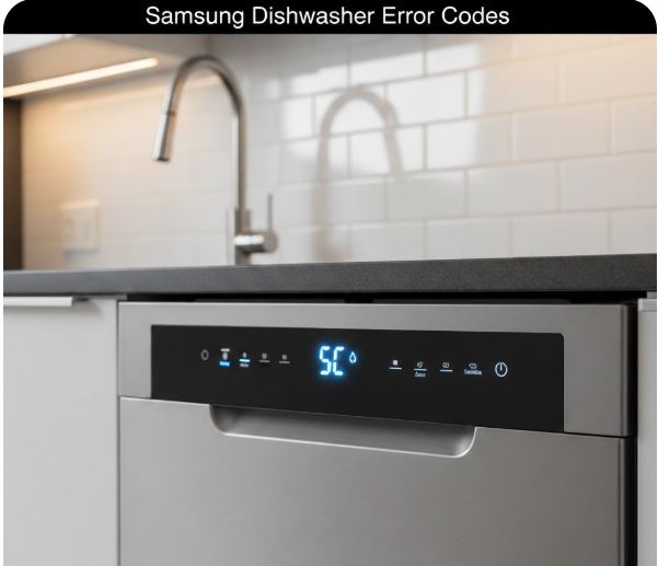 Samsung dishwasher digital display showing the 5C error code on a stainless steel control panel in a modern kitchen.