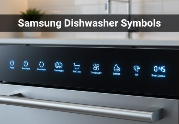 Samsung dishwasher control panel symbols including StormWash+, Half Load, Zone Booster, Sanitize, and Smart Control illuminated on a black touch interface.
