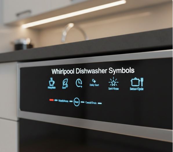Whirlpool dishwasher control panel showing illuminated cycle symbols including Heavy Wash, Eco, Sani-Rinse, and Sensor Cycle with text overlay.