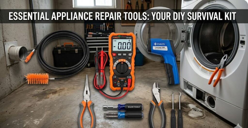 Learn to fix common home appliance issues using simple tools like an infrared thermometer, multimeter, dryer vent, and magnetic driver set.