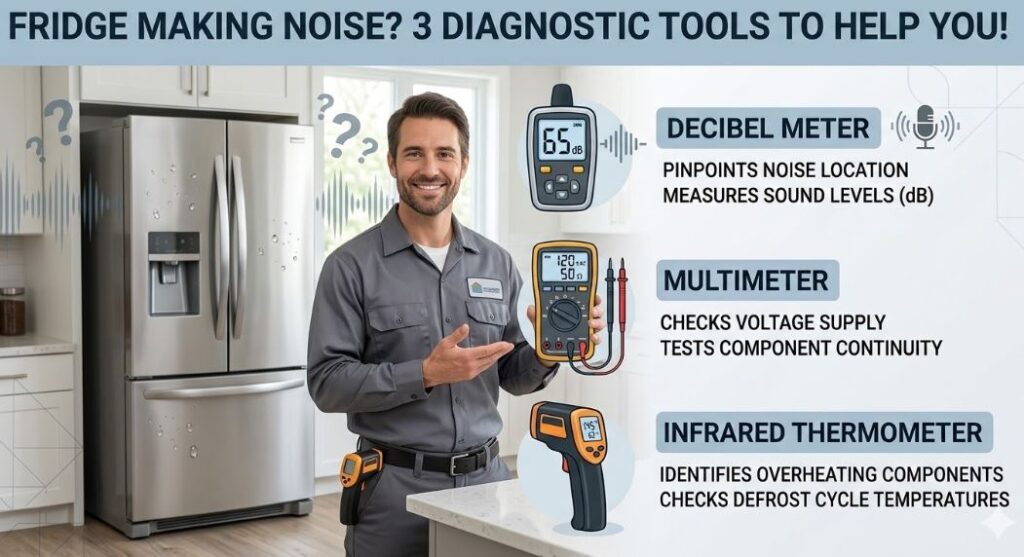 Learn what issues to check when a fridge is making noise using simple appliances like a multimeter, infrared thermometer, and decibel meter