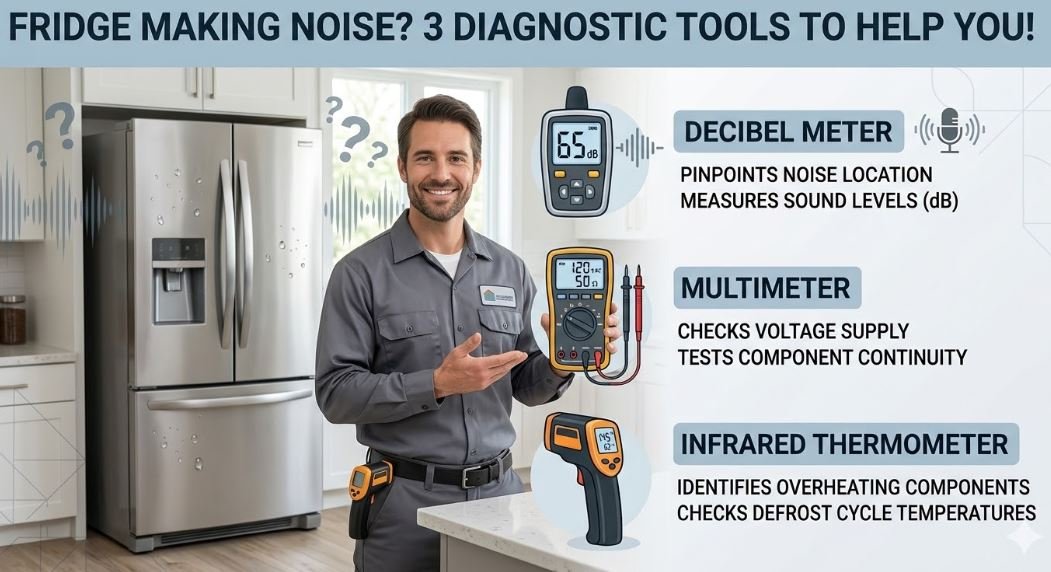 Learn what issues to check when a fridge is making noise using simple appliances like a multimeter, infrared thermometer, and decibel meter