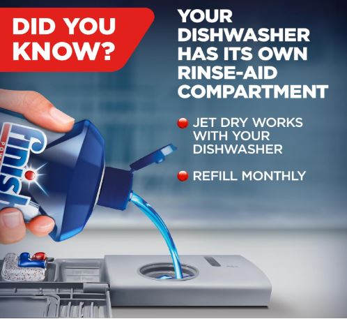 Use Finish Jet Dry dishwasher rinse aid to clean the rinse-aid compartment of your Maytag dishwasher