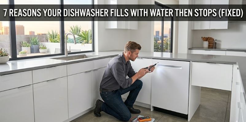 A dishwasher that fills with water then stops may have motor, door latch, or control board issues.