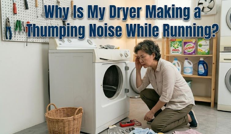 A dryer thumping noise while running may point to drum, roller, or blower wheel problems. Find out how to diagnose and fix it.