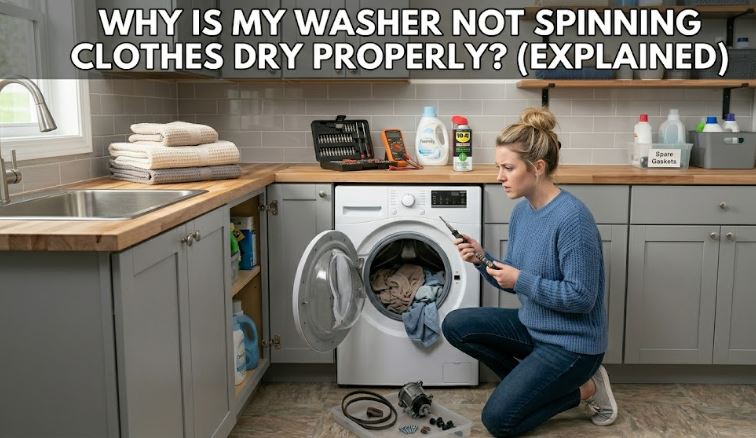 A washer not spinning clothes dry may point to motor, belt, drain, or lid switch problems. Find out how to diagnose and fix the issue.