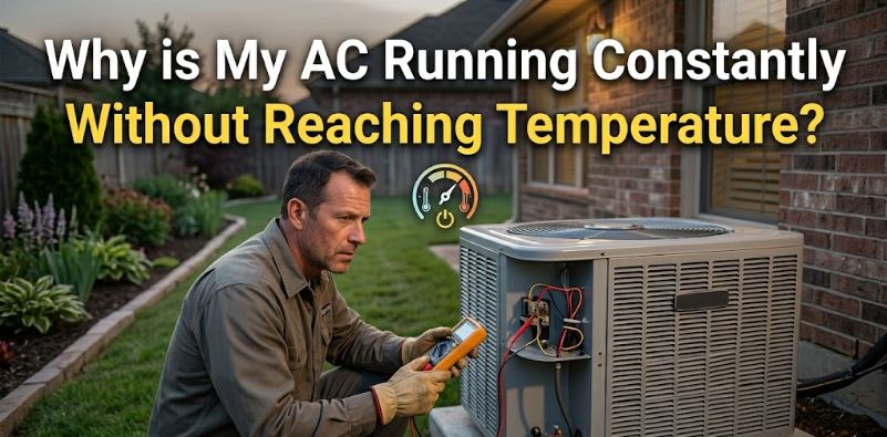 An AC running constantly without reaching temperature may indicate airflow restrictions, refrigerant issues, or an undersized system.