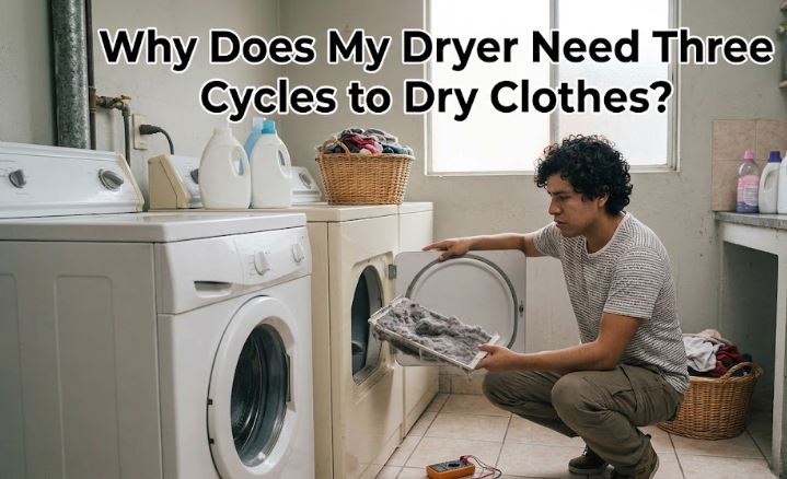 A dryer taking three cycles to dry clothes may have airflow restrictions, heating problems, or moisture sensor issues.