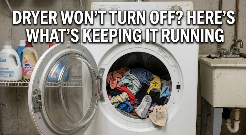 A dryer that won't turn off may have a faulty timer, control board, relay, or moisture sensor.