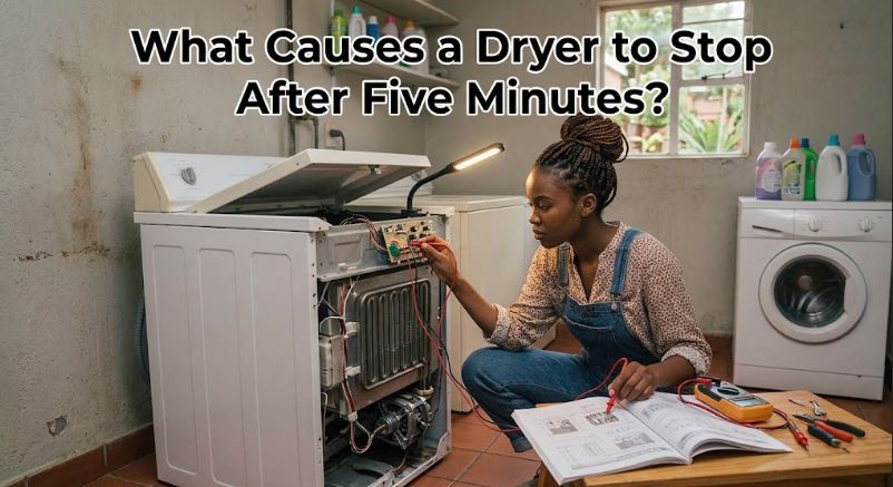 A dryer that stops after five minutes may have a clogged vent, bad moisture sensor, thermal protection issue, or failing motor.