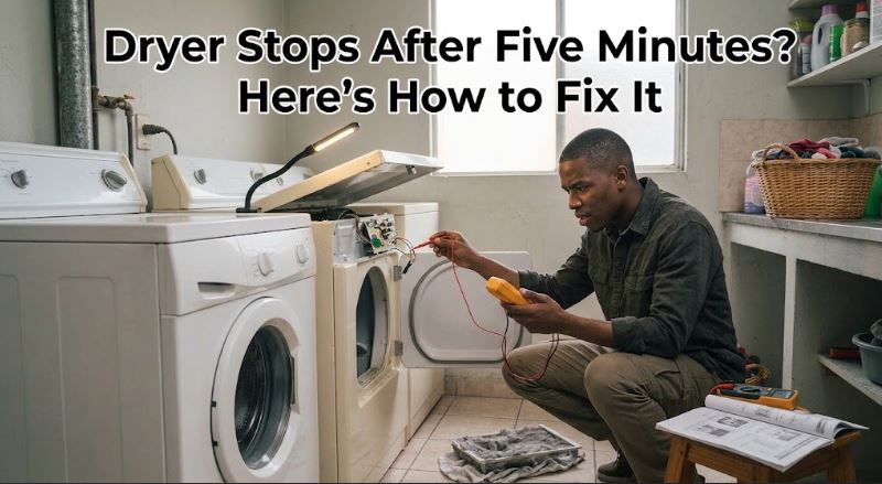 If your dryer starts normally but stops after five minutes, discover the most common causes and the troubleshooting steps that work.