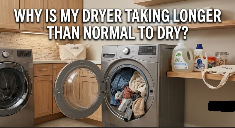 A dryer taking longer than normal may have airflow restrictions, heating issues, overloaded loads, or moisture sensor faults.