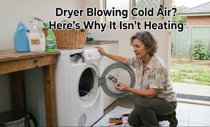 A dryer blowing cold air may be caused by a faulty heating element, thermal fuse, gas ignition issue, or control problem.