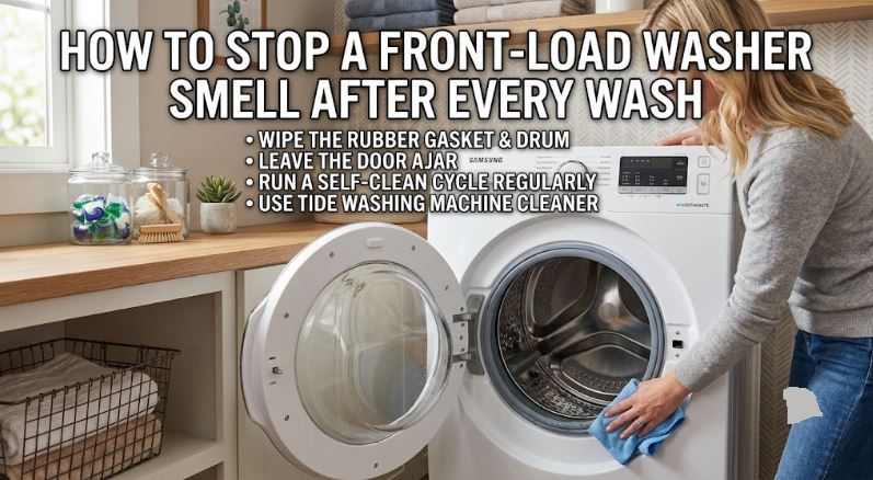 A front-load washer smell after every wash often points to gasket buildup, clogged drains, or improper maintenance.