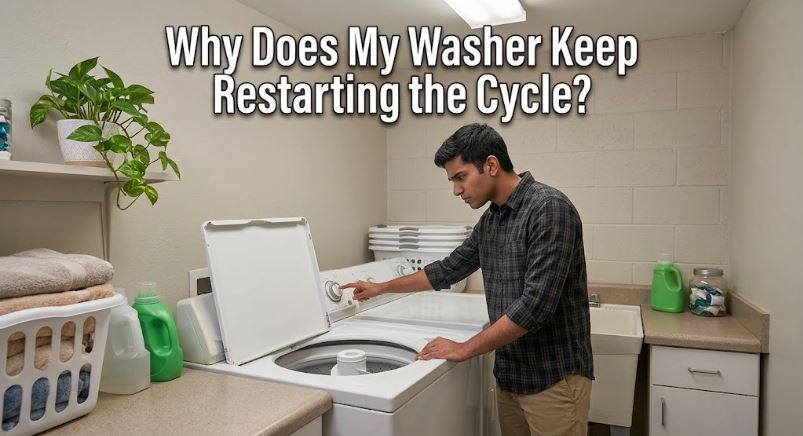 A washer that keeps restarting the cycle may have an unbalanced load, faulty sensors, or electronic control issues.