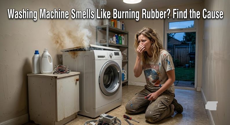 A burning rubber smell from your washer may point to a slipping drive belt, overloaded drum, or worn mechanical parts.