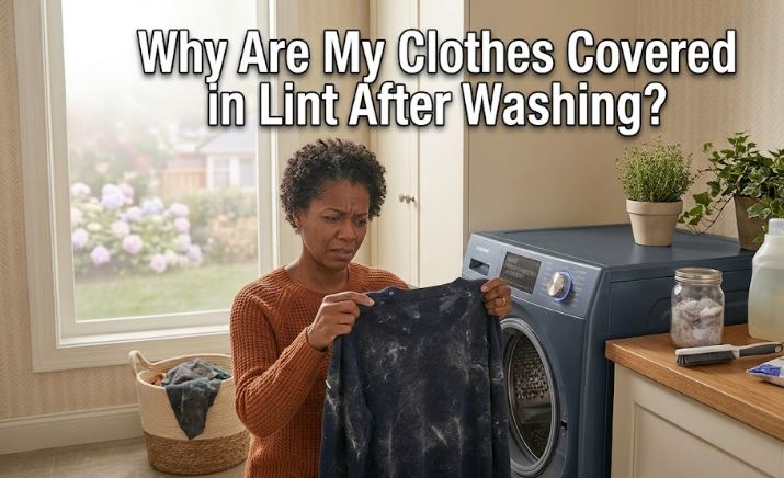 Clothes covered in lint after washing can result from overloading, fabric mixing, or poor washer maintenance.