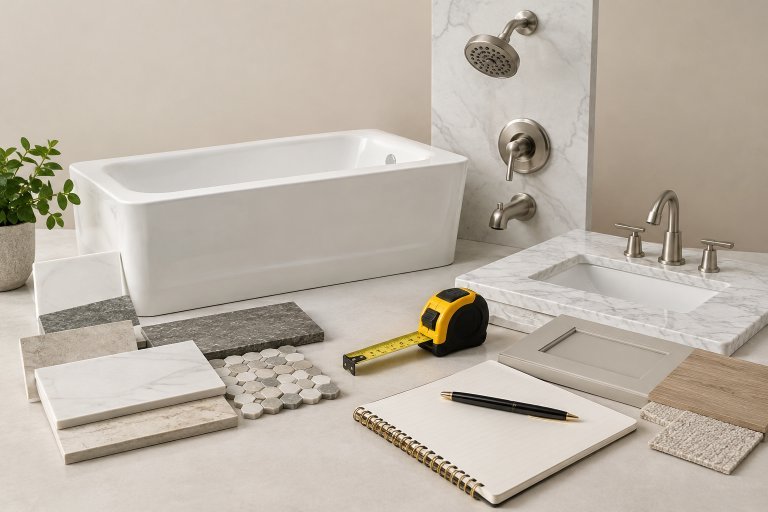 Tile samples, a tape measure and a planning notebook laid out in front of a new bathtub and shower valve during a remodel budget review