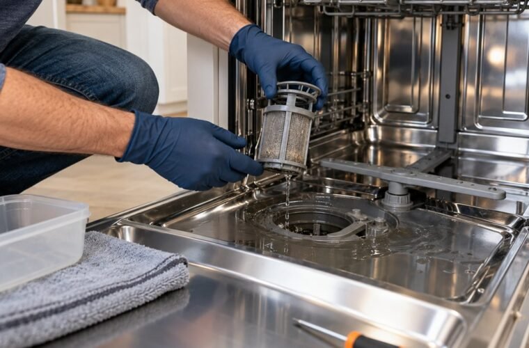 DIYer removing a dishwasher filter while checking a drain problem