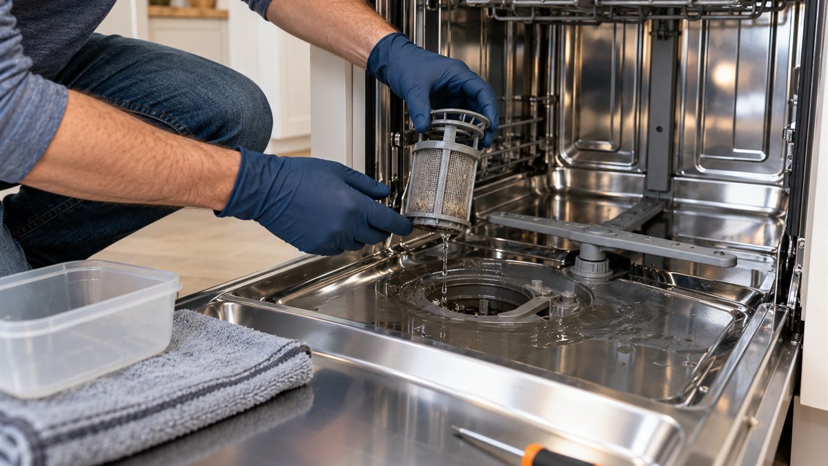 DIYer removing a dishwasher filter while checking a drain problem