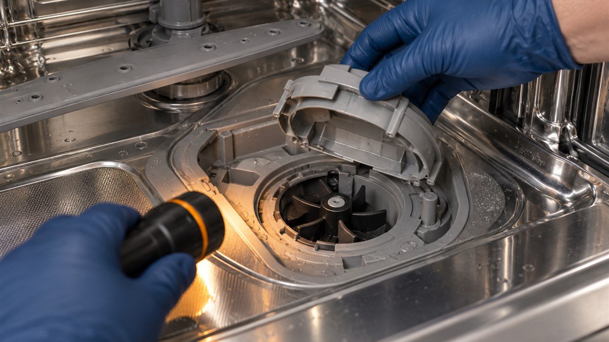 Gloved hands lifting a dishwasher pump cover to inspect the drain impeller
