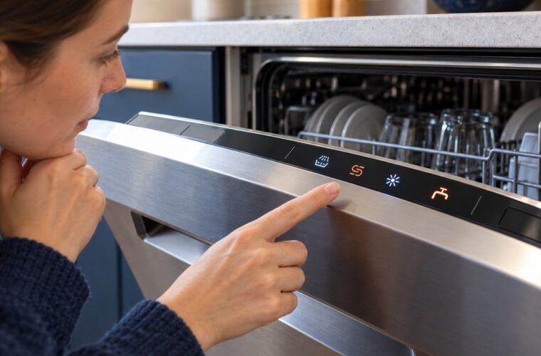 Homeowner examining illuminated symbols on a modern dishwasher control panel