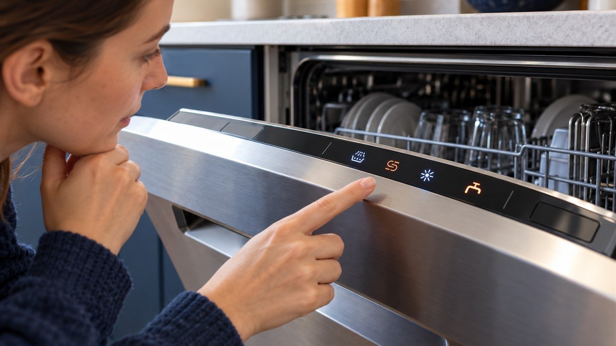 Homeowner examining illuminated symbols on a modern dishwasher control panel