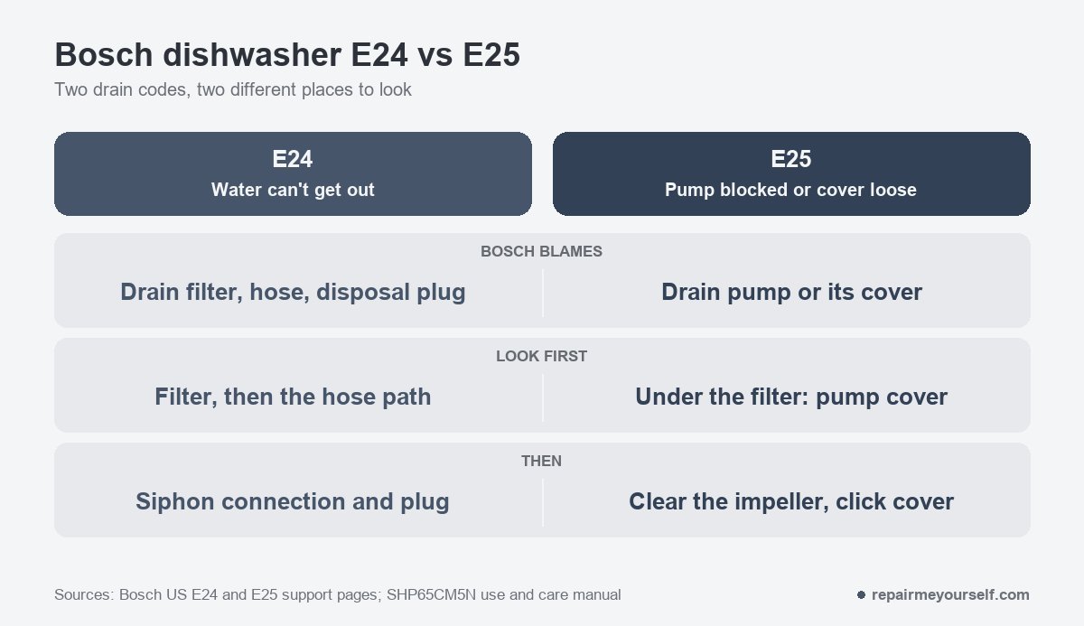 Bosch dishwasher E24 vs E25: E24 means water can't get out through the drain filter, hose or disposal plug; E25 means the drain pump is blocked or its cover is loose