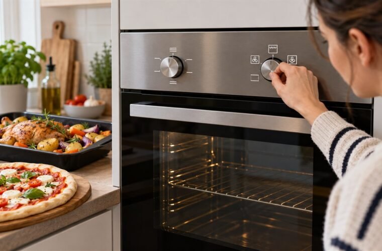 Homeowner choosing an oven function with pizza and a roasting tray ready nearby