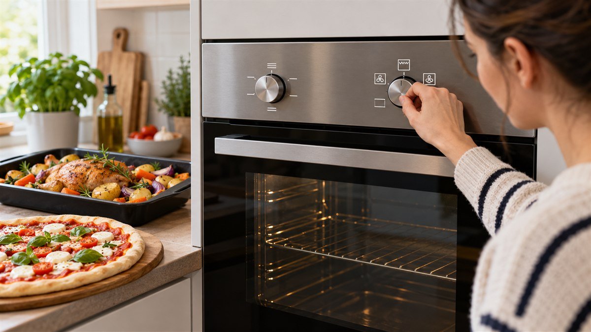 Homeowner choosing an oven function with pizza and a roasting tray ready nearby