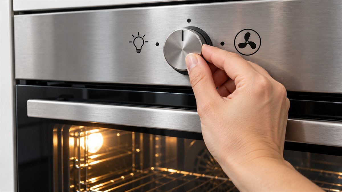 Hand turning an oven selector from the light-only symbol to the fan-baking symbol