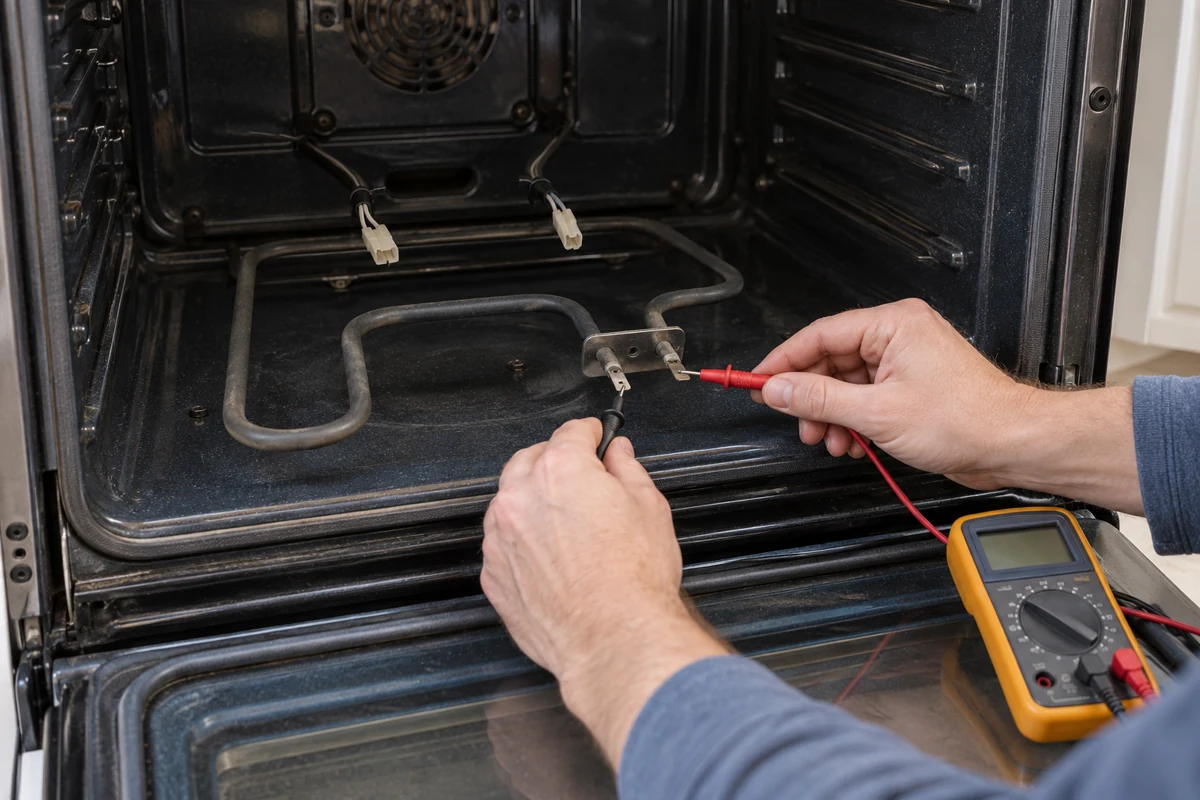 Multimeter probes on the two terminals of a disconnected oven bake element to test for an open coil